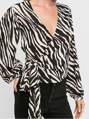 Express Zebra-Print Wrap Blouse in Black and Cream